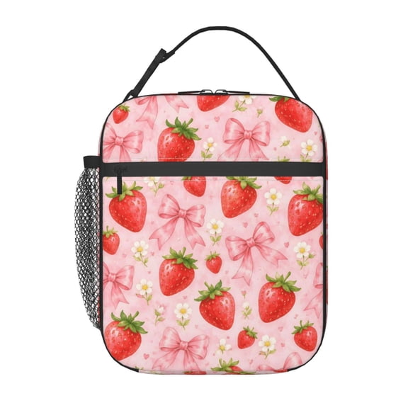 Strawberry Bow Floral Lunch Bag Reusable Thermal Lunch Box with Handle for Women and Men