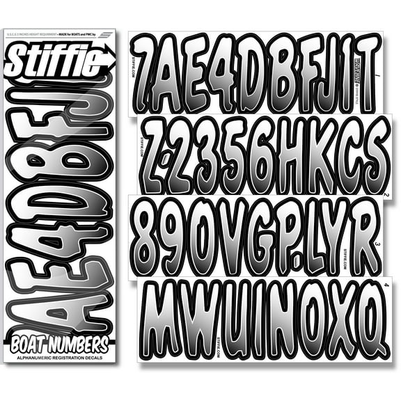 STIFFIE Waveline White/Black 3” Boat  PWC Registration Decals • Numbers Letters Stickers