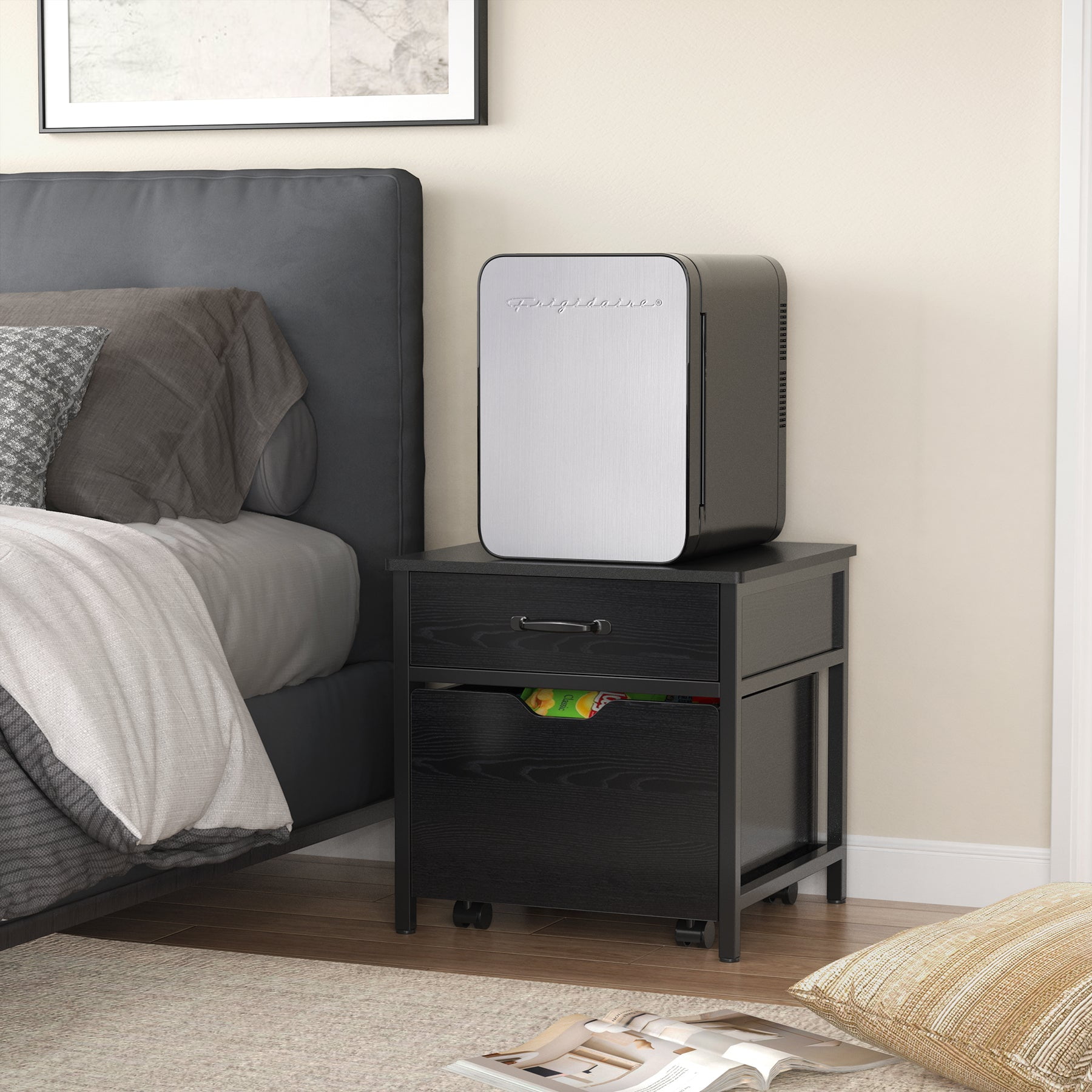 Mini Fridge Stand with Storage,18.1" Mini Refrigerator Cabinet, Black