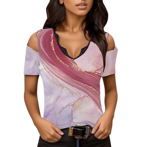 Gibobby Casual Playera de Manga Corta para Mujer Exquisita blusa manga corta con cuello en V y hombros descubiertos con estampado teñido anudado para mujer(Rojo,XL)