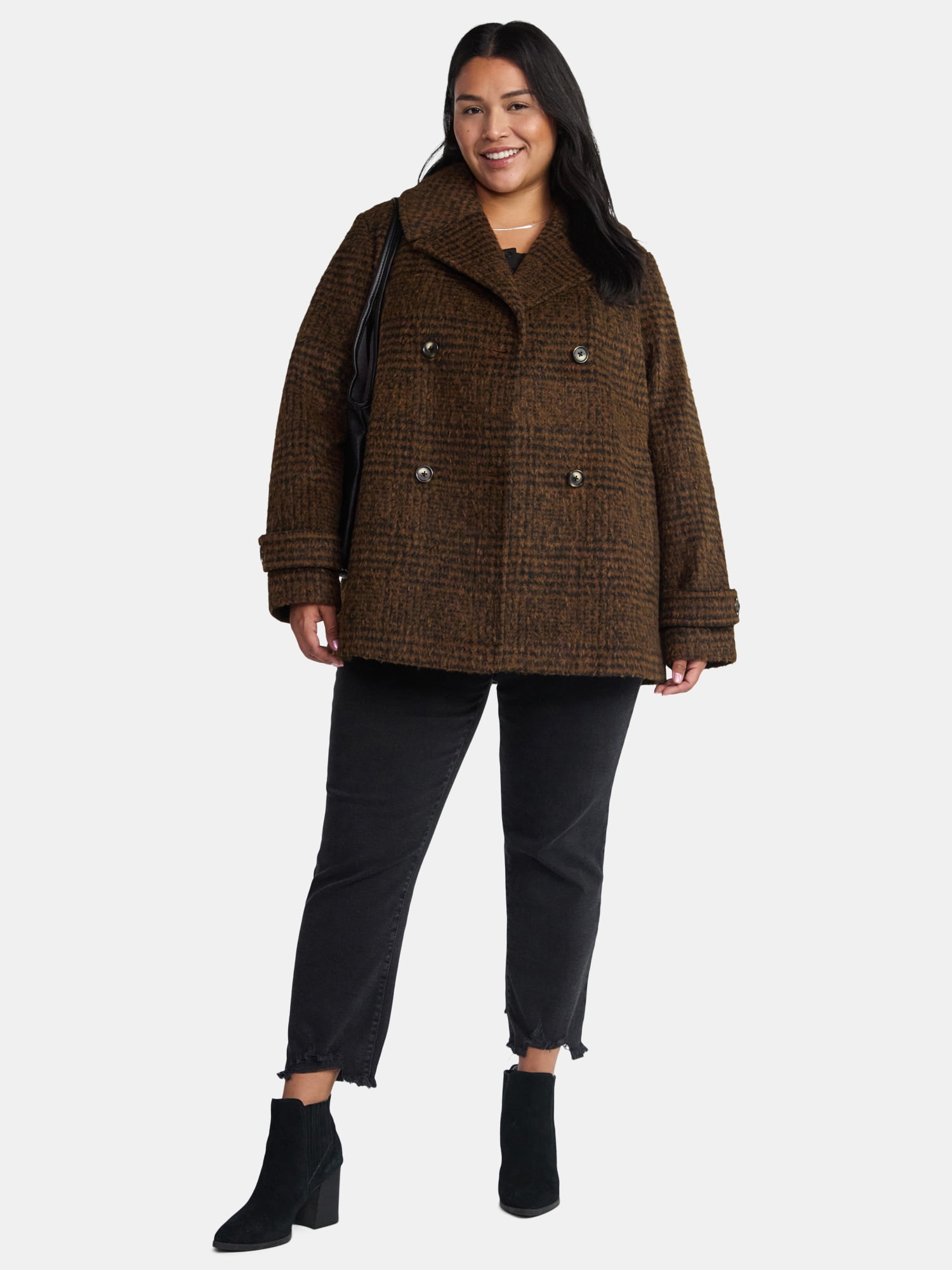 Time and Tru Women's and Women's Plus Faux Wool Peacoat, Sizes XS-2X