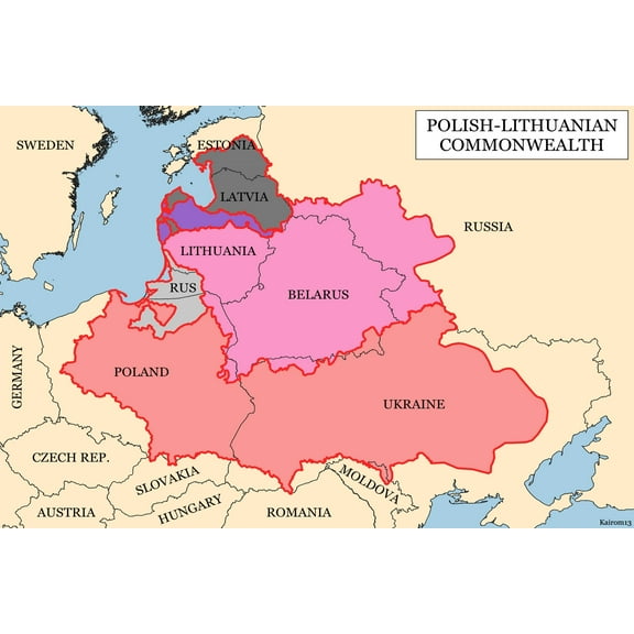 History Galore Map of the Polish-Lithuanian Commonwealth at its maximum extent in 1619 24" x 36" Framed Poster