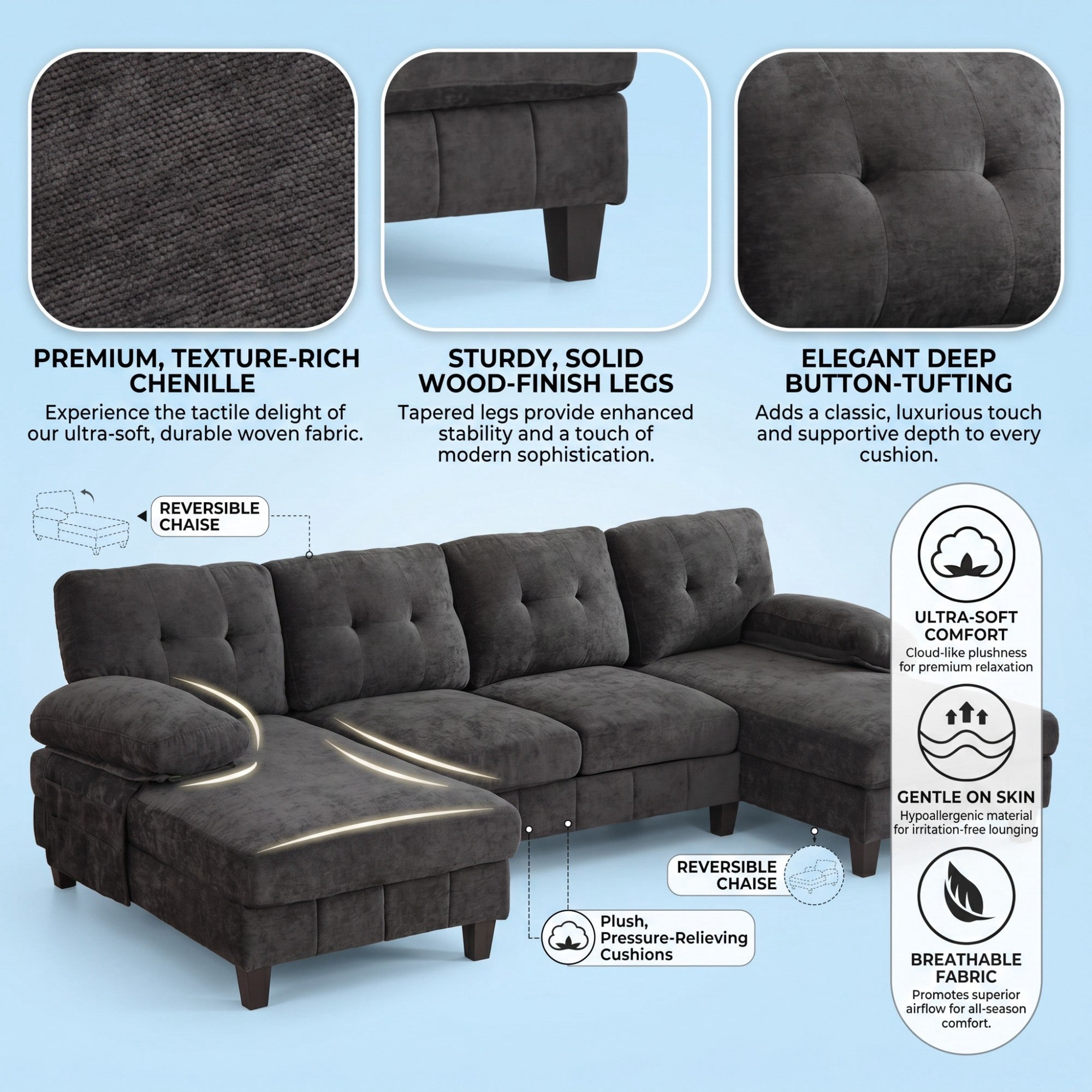 Sailvan 103.5" U-Shaped Sectional Sofa, Chenille Fabric Couch with Dual Chaises and Storage Pockets Black