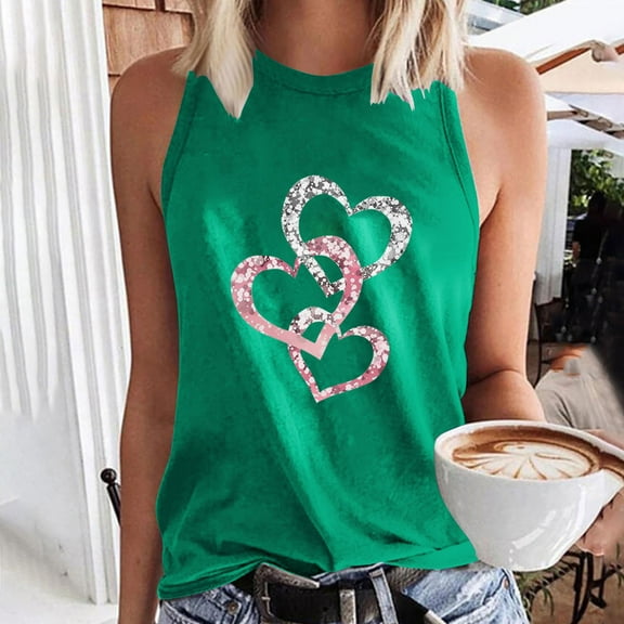 Sakmal Green Womens Summer Tops Sleeveless Love Heart Crew Neck Tank Tops Ladies Shirts $5