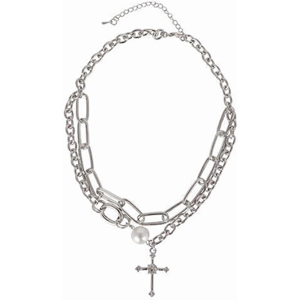 Exquisite Layered Adjustable Necklace For Women, 14K Gold-Plated Round Love Needle Chain Necklace Simple Cross Pendant Necklace, Silver Layered Neckla