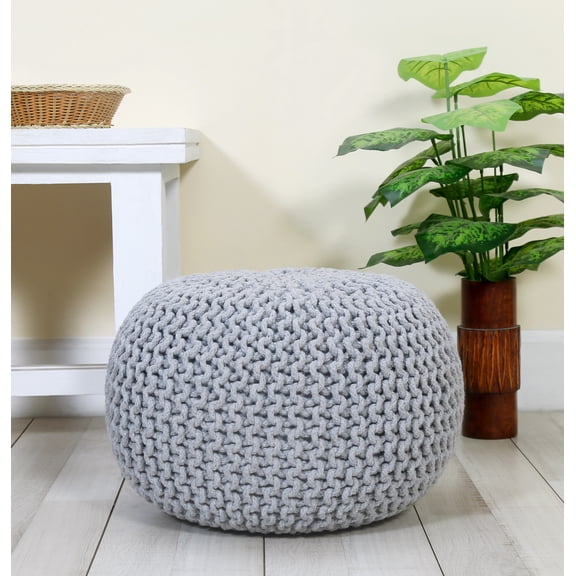 Round Pouf Foot Stool Ottoman – Cotton Knitted Cord Boho Pouffe – Cable Knit Filled Footrest for Living Room, Nursery, Bedroom, Patio & Lounge (18" x 18" x 14")