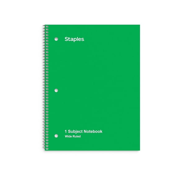 Staples 1-Subject Notebook 8" x 10.5" Wide Ruled 70 Sheets Green (24006M) TR24006M/24006