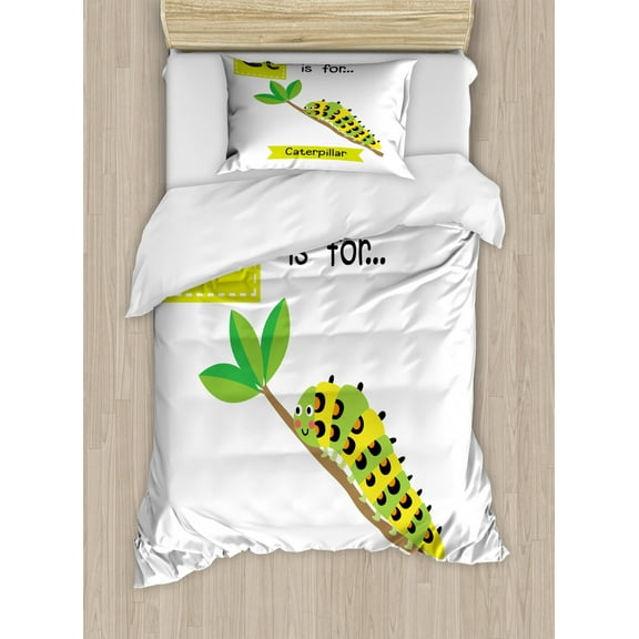 Caterpillar Duvet Cover Set Twin Size, Children Zoo Alphabet Design with Caterpillar on a Branch Educational, Decorative 2 Piece Bedding Set with 1 Pillow Sham, Green Apple Green, by Ambesonne