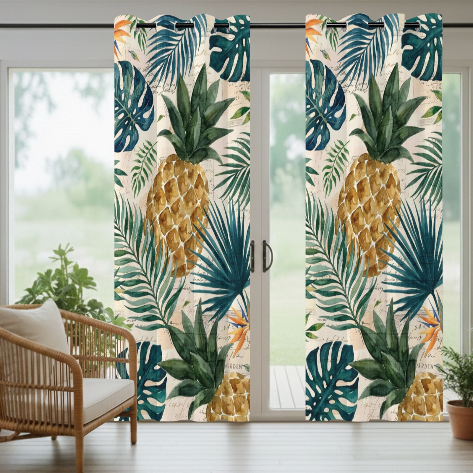 Gold Pineapple Outdoor Curtains for Patio, Monstera Leaves Vintage Tropical Botanical Summer Sunshade Privacy Drapes Grommet Waterproof Outside Curtains for Porch/Cabana/Balcony 54"x 108", 1 Panel