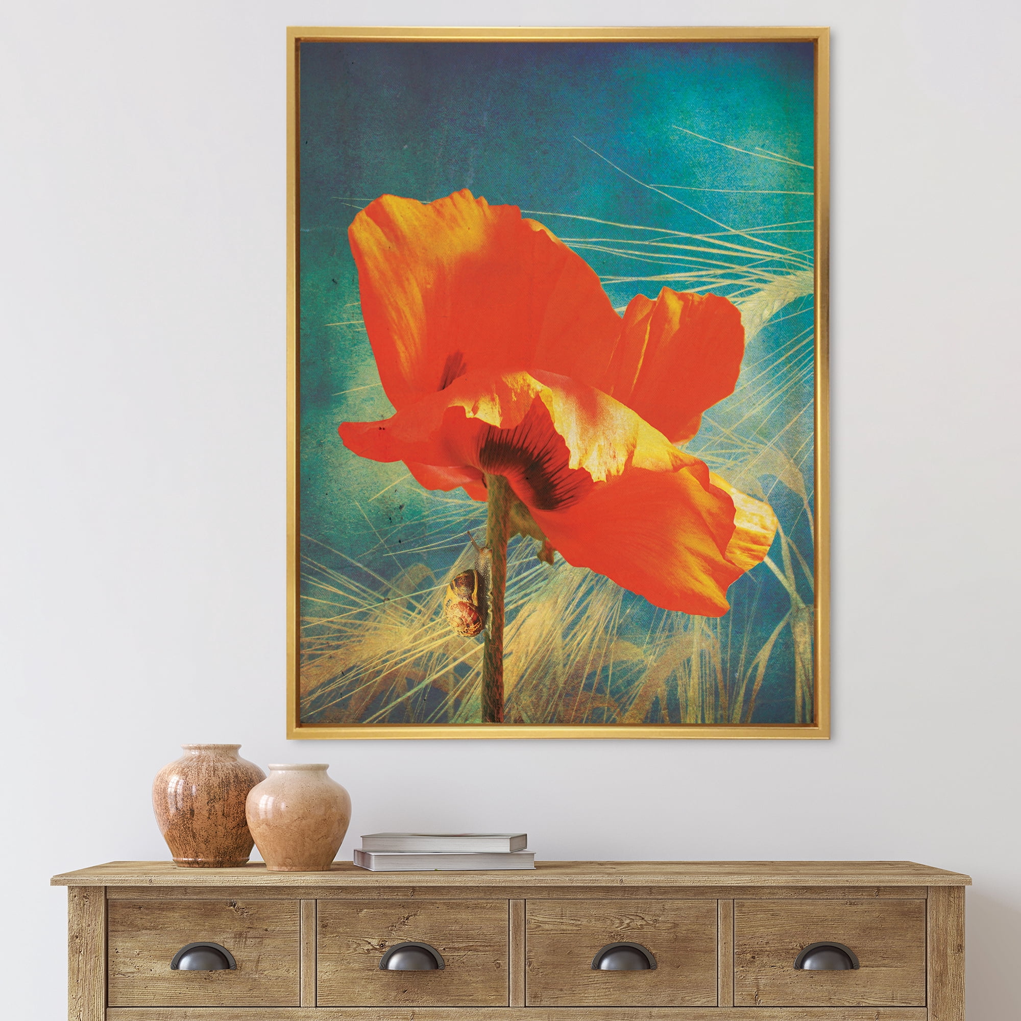Designart 'Ancient Grunge Poppy' Traditional Framed Canvas Wall Art Print