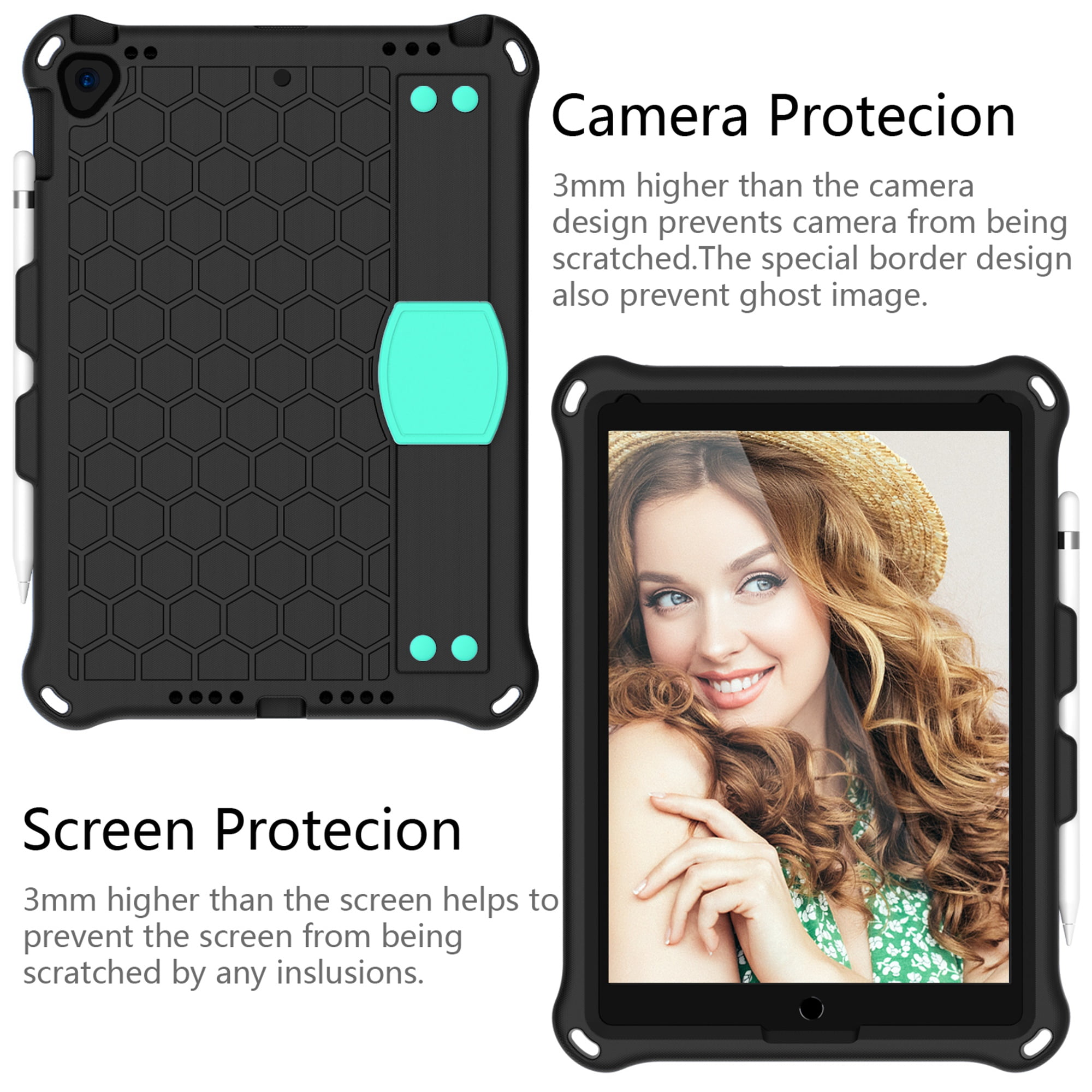 iPad 10.2 2021 Case with Screen Protector, Dteck Shockproof Case for iPad 9th Gen/ iPad 8th Gen / iPad 7th Gen with Removable Shoulder Strap/Hand Strap/Pencil Holder, Heavy Duty Rugged Case,Black/Mint