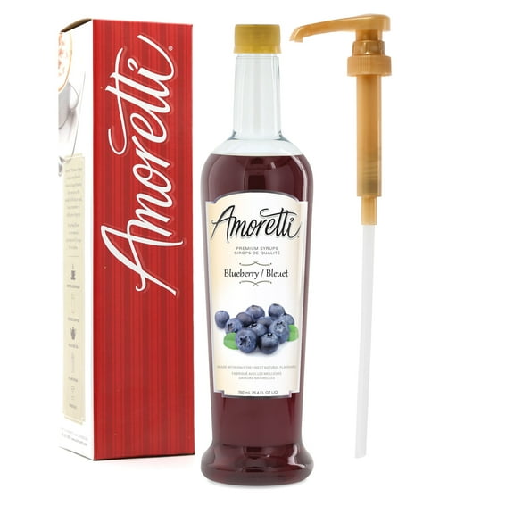 Amoretti - Premium Blueberry Syrup, 94 Servings Per Bottle (750 ml), with Pump for Flavoring Coffees, Cocktails, and other Beverages, Gluten Free, GMO/GEO Free, Preservative Free