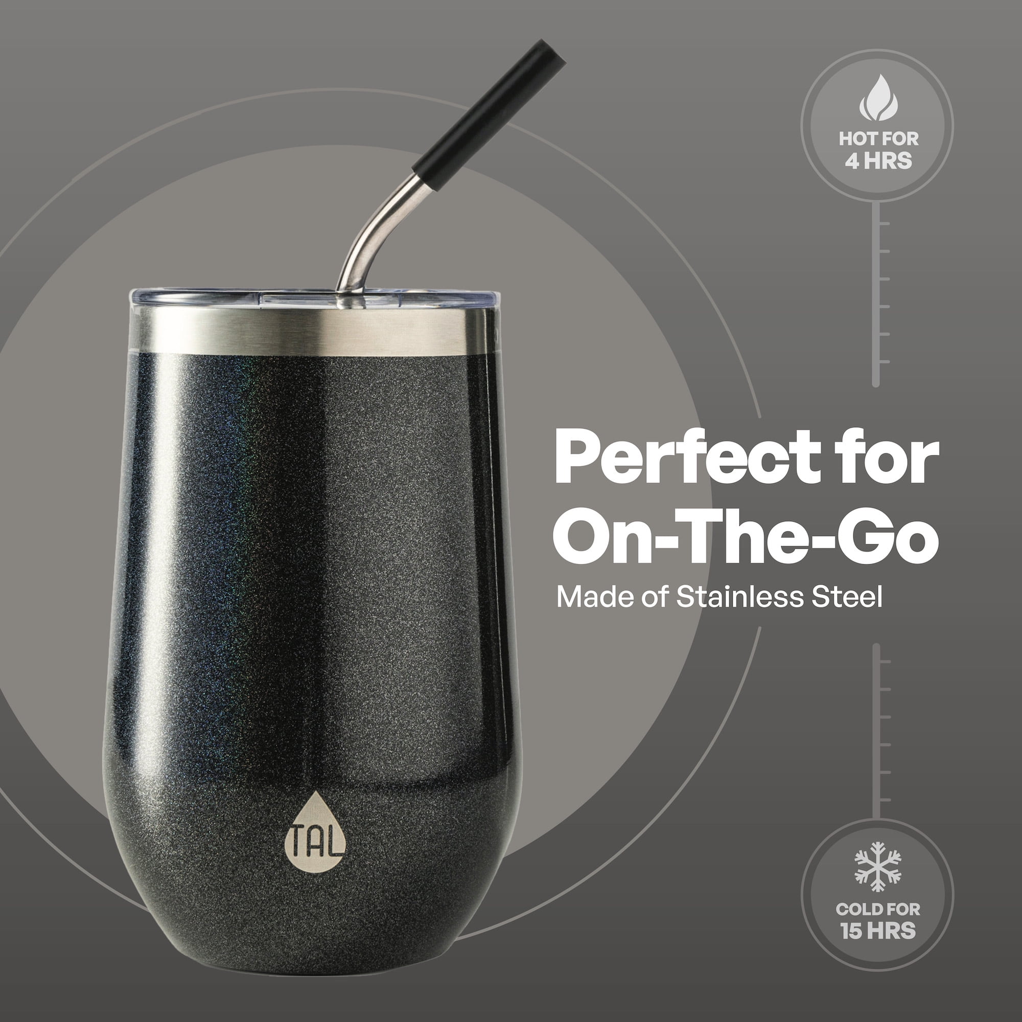 TAL 16oz Stainless Steel Wine Tumbler with Straw, Black Shimmer