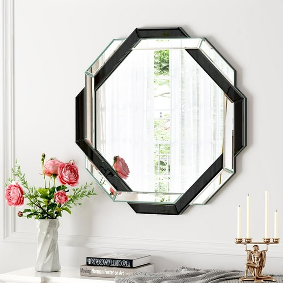 Bathroom Mirror Black 24x24 Wall Decor Frameless Beveled Mirror for Vanity, Bedroom, Living Room