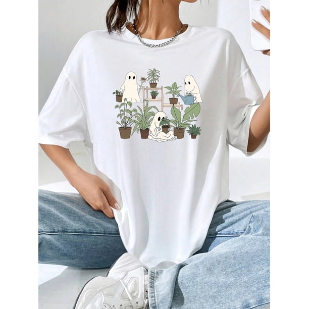 Halloween Ghost & Plant Graphic Womens T-Shirt - Casual Loose Fit Round Neck Tee with Short Sleeves - Perfect for Sports
