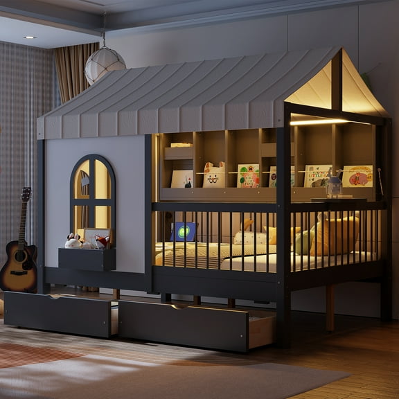 Full Size House Bed with Storage Drawers & LED Bookshelf, Modern House Frame Bed with Charging Station & Tent, Gray
