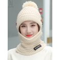 thumbnail image 3 of Gustave Women Pom Beanie Hat Scarf One-Piece Winter Fleece Lined Knit Warm Skull Cap Balaclava Mask Set Conjoined Ski Snow Hat and Scarf Neck Warmer (Beige), 3 of 7