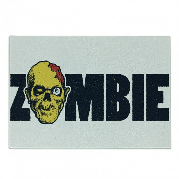 Zombie Cutting Board, Dead Human Face Caricature Typography Style Monster Theme Illustration, Decorative Tempered Glass Cutting and Serving Board, Small Size, Dark Blue Yellow, by Ambesonne