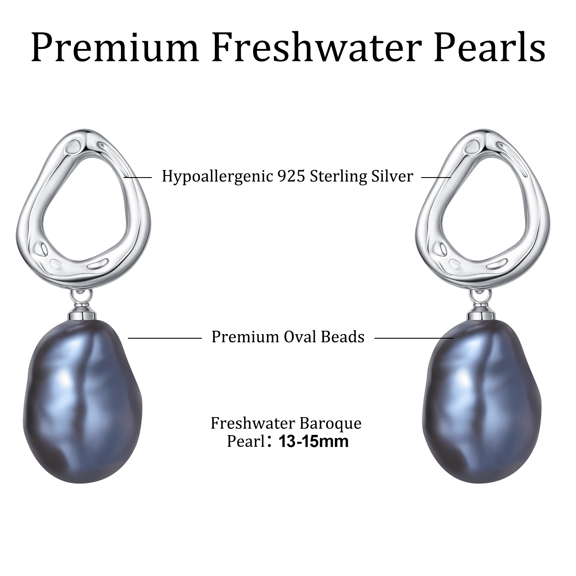 YAMI 9-10mm Baroque Freshwater Black Pearl Drop Earrings for Women, 925 Sterling Silver Cultured  Pearls Dangle Earrings, Mother 's Day Jewelry Gift
