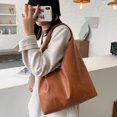 thumbnail image 3 of Pure Color Handbag Tote Women PU Big Capacity Shopping Shoulder Bag (Brown), 3 of 8