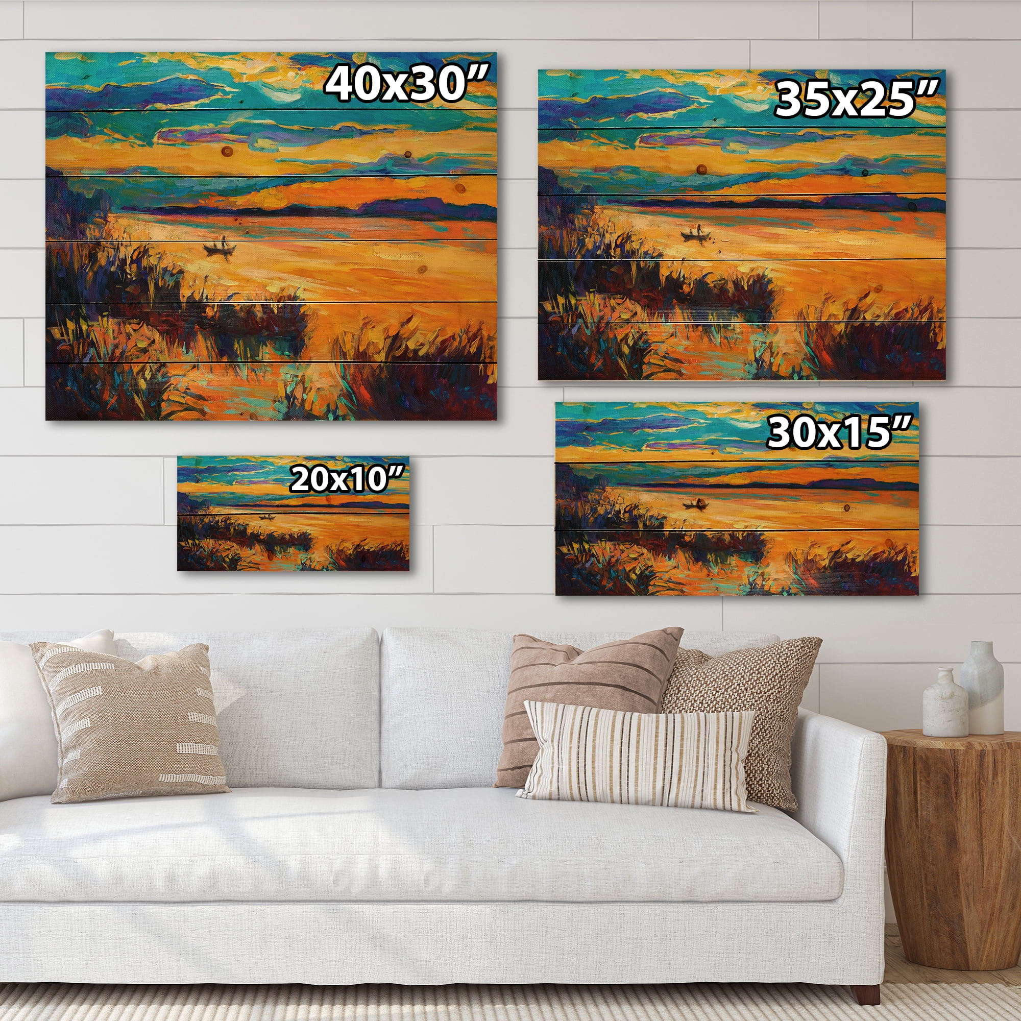 Designart 'Little Boat At The Horizon Of A Lake During Evening Glow' Nautical & Coastal Print on Natural Pine Wood