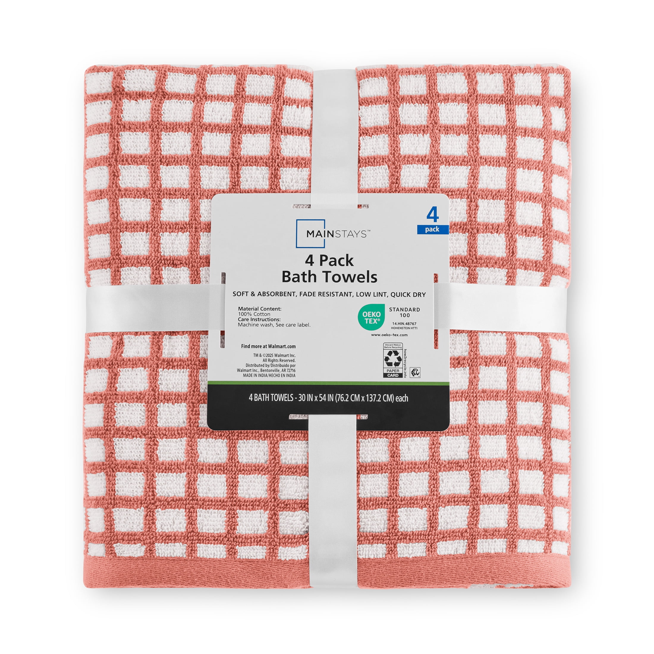 Mainstays Performance Checkered Bath Towel Set, 4-Piece, Terra Cotta