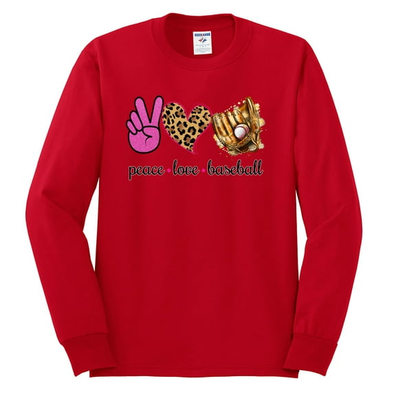 Peace Love Baseball Sports Mens Long Sleeve Shirt, Red, X-Large