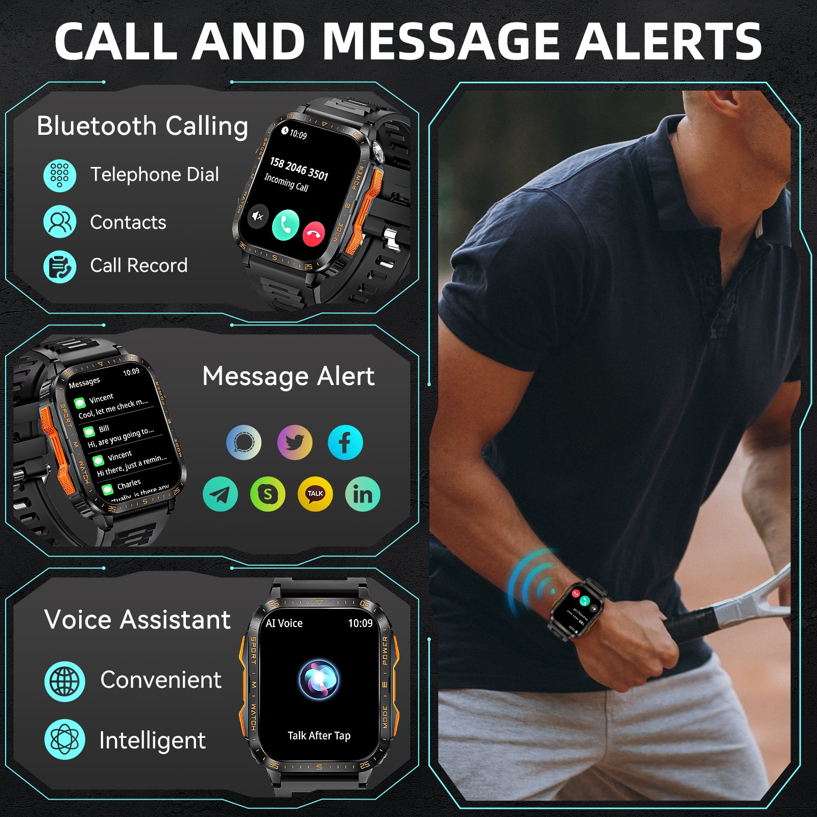 Cyberdyer Men's Smart Watch with LED Flashlight & UV Light, 1.96" HD Screen, 100+ Sports Modes, 3ATM Waterproof, 15-Day Standby, Compatible with iPhone & Android, Holiday Gift
