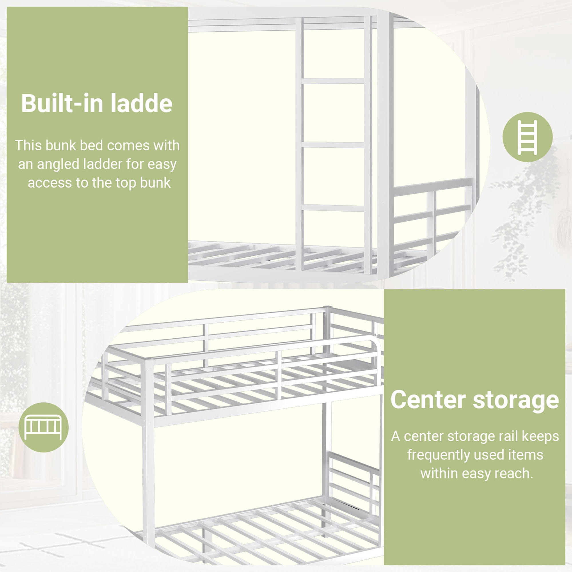 Miniyam Twin Over Twin Metal Bunk Bed Frame, Noise Free, Space Saving, White