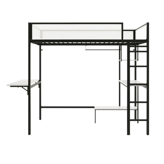 Furniture of America Veric Kids Black Full Loft Bed with Dual Desks, Two Shelves and Closet Rod