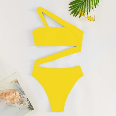 Rigardu Hot Sale!! Women s One Shoulder One Piece Swimsuit Tummy Control Bathing Suits Modest Cutout Swimwear Women s New Solid Color Hollow Tube Top Straps Slanted Shoulder Bikini Yellow L