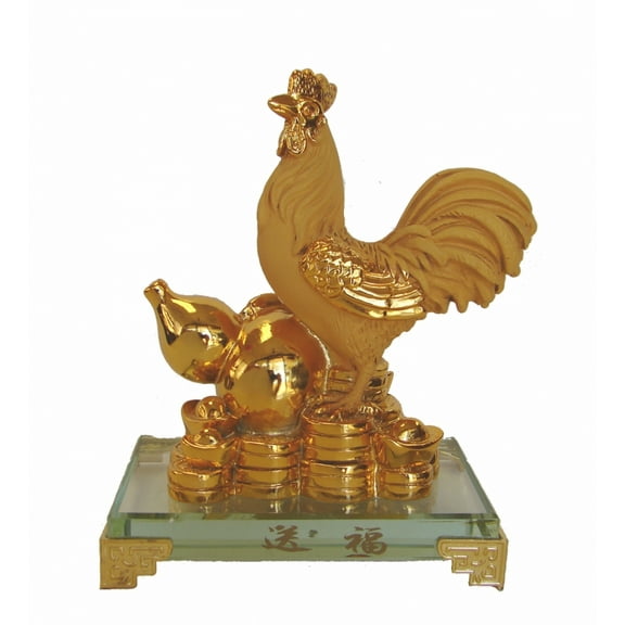 Rubber Finished Golden Rooster Statue with Wu Lou and Coins