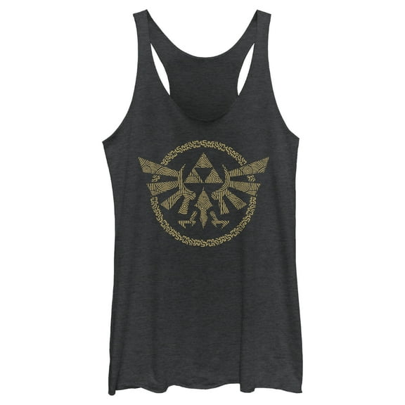 Women's Nintendo The Legend of Zelda: Tears of the Kingdom Gold Hyrule Crest Racerback Tank Top Black Heather Medium