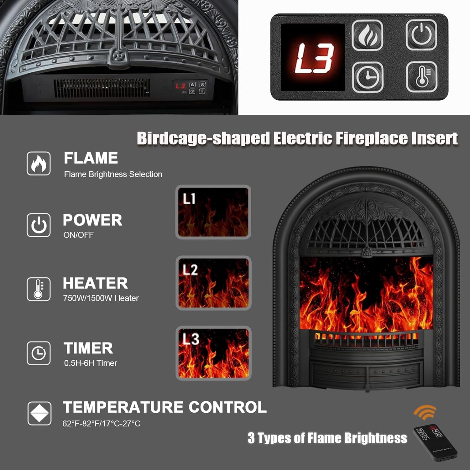 Electric Fireplace Insert, Vintage Birdcage Heater with Remote Control, Black