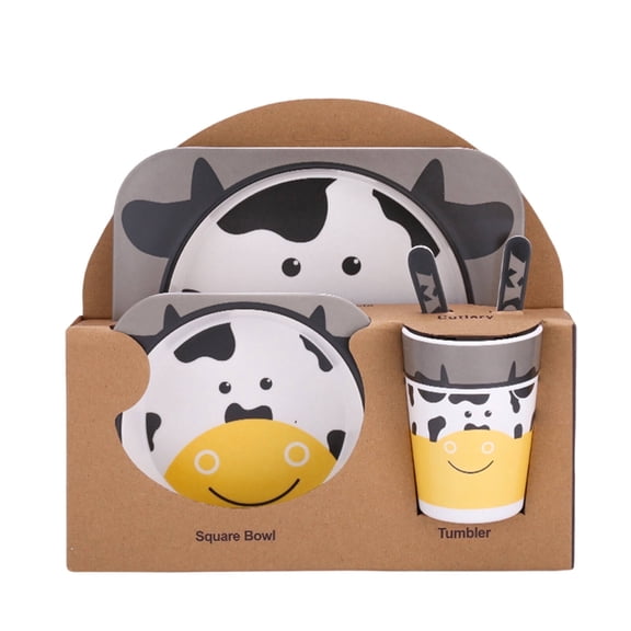 ACDANC 5Pcs Bamboo Kids Dinnerware Set,Cartoon Pattern Cartoon Tableware,Cow