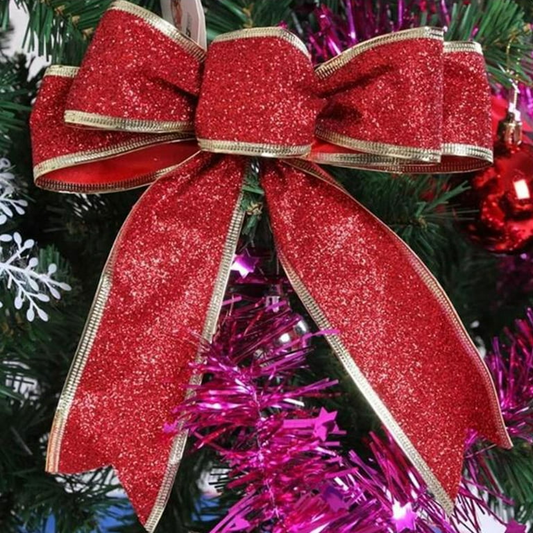 9Pcs 13cm Glittering Ribbon Bows Creative Chic Christmas Ornaments  Christmas Tree Pendants Decoration Red Christmas Red Gold Sil 