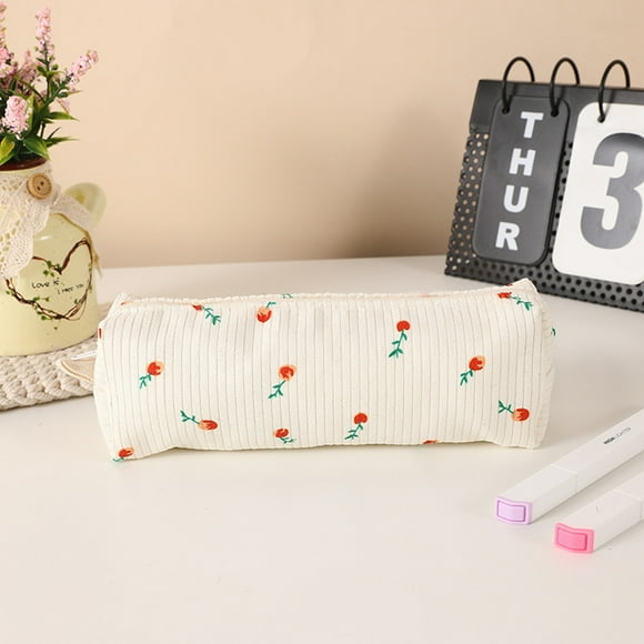 Vaidha Simples And Cute Large Capacity Girl Desktop Student Stationery Storage Bag Corduroy Floral Pencil Case