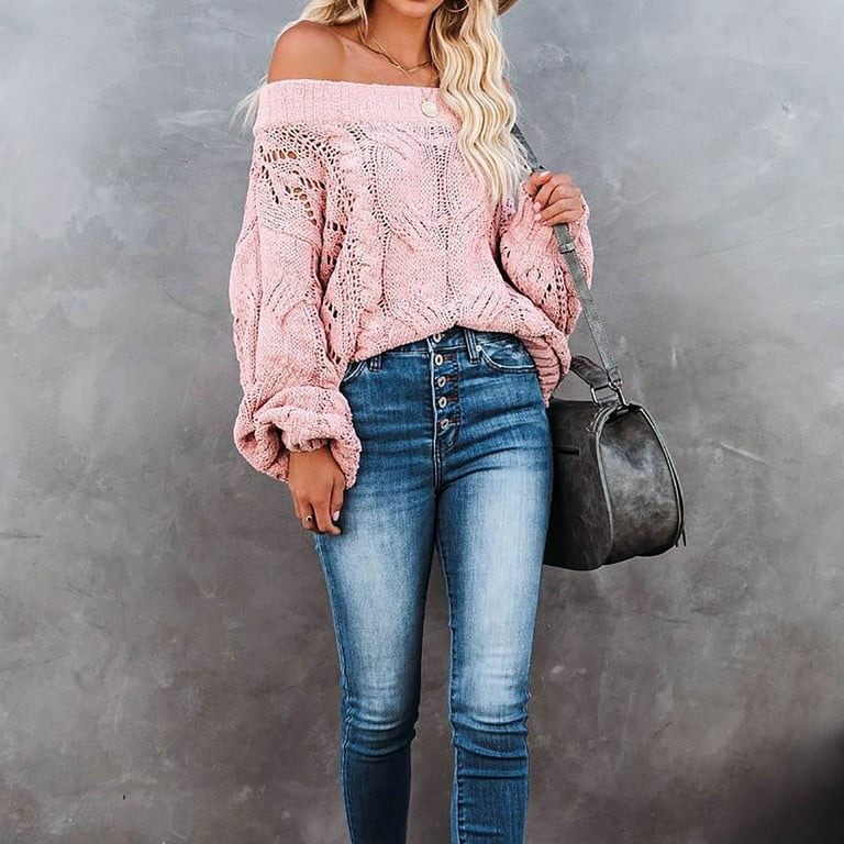 トップス muguet uv cut polo knit PINK BEIGE Womens Oversized Sweaters Off Shoulder Round Neck Knitted