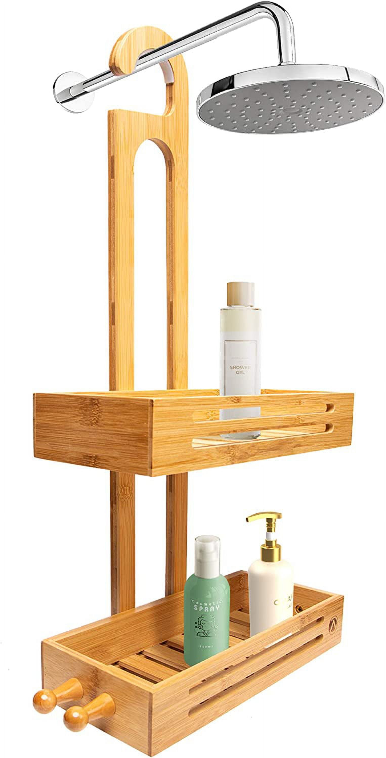 Crew & Axel Bamboo Hanging Shower Caddy - Adult 2-Shelf 2-Compartment Bamboo Over-the-Shower Head Shower Caddy, 1 Count