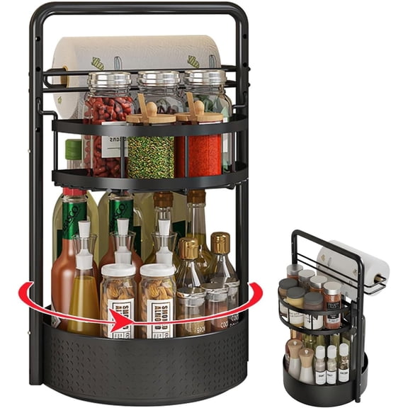 Rotating Spice Rack with Paper Towel Holder, Seasoning Organizer for Kitchen Countertop Cabinet for Countertop & Cabinet, Metal Spice Rack for Bottles, Jars, Condiments(Black)