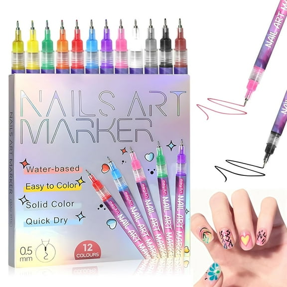 HomFairy 12 Color Nail Art Pens Set, 3D Quick-Dry 0.5MM Nail Polish Pens, Nail Art Painted Pen Kit, DIY Nail Art Marker Graffiti Dotting Pen