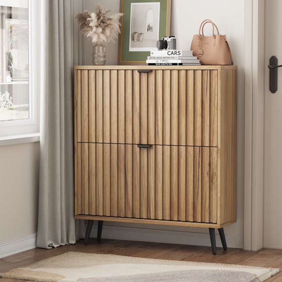 Semiocthome 31.5" Shoe Cabinet with 2 Flip Drawers for Entryway, Freestanding Narrow Shoes Storage Rack, Natural
