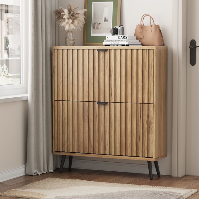 Semiocthome 31.5" Shoe Cabinet with 2 Flip Drawers for Entryway, Freestanding Narrow Shoes Storage Rack, Natural