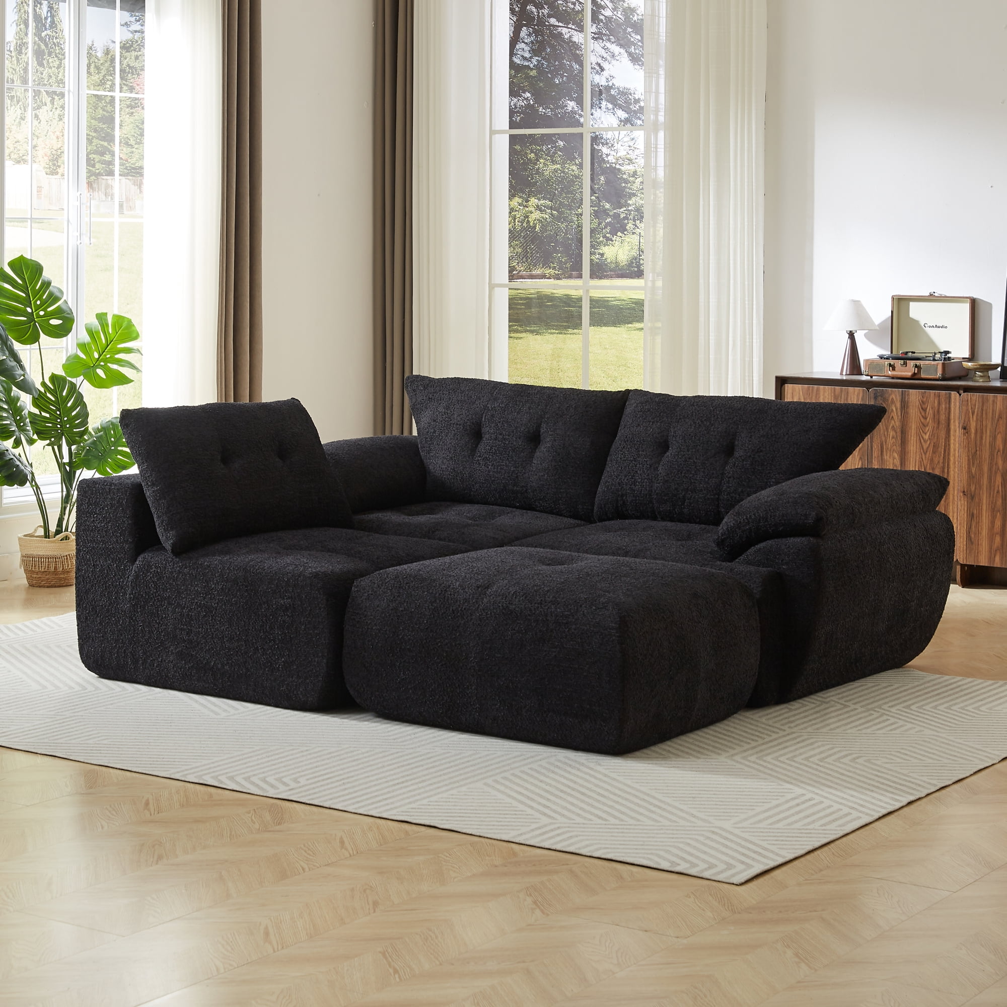 Leumius 115" Modern 3-Seater Sofa, Chenille Sofa with Upholstered Backrest, Curved Horn Backrest for Living Room, Bedroom, Apartment, Office,Black
