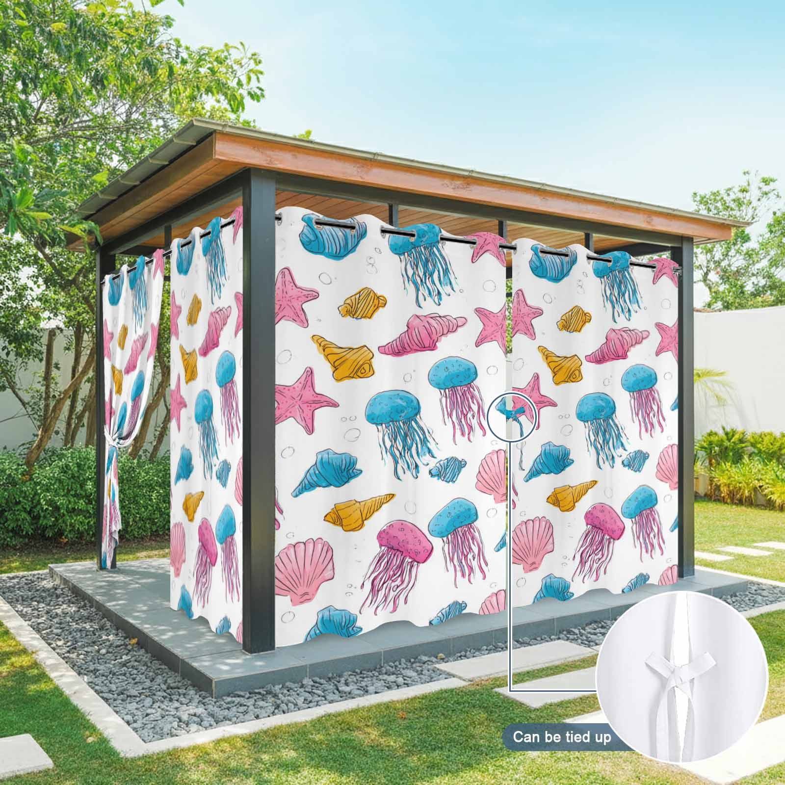 Marine Life Outdoor Curtains for Patio, Nautical Ocean Pink Blue Yellow Jellyfish Starfish Shell Sunshade Privacy Drapes Grommet Waterproof Outside Curtains for Porch Balcony 54"x 108", 1 Panel
