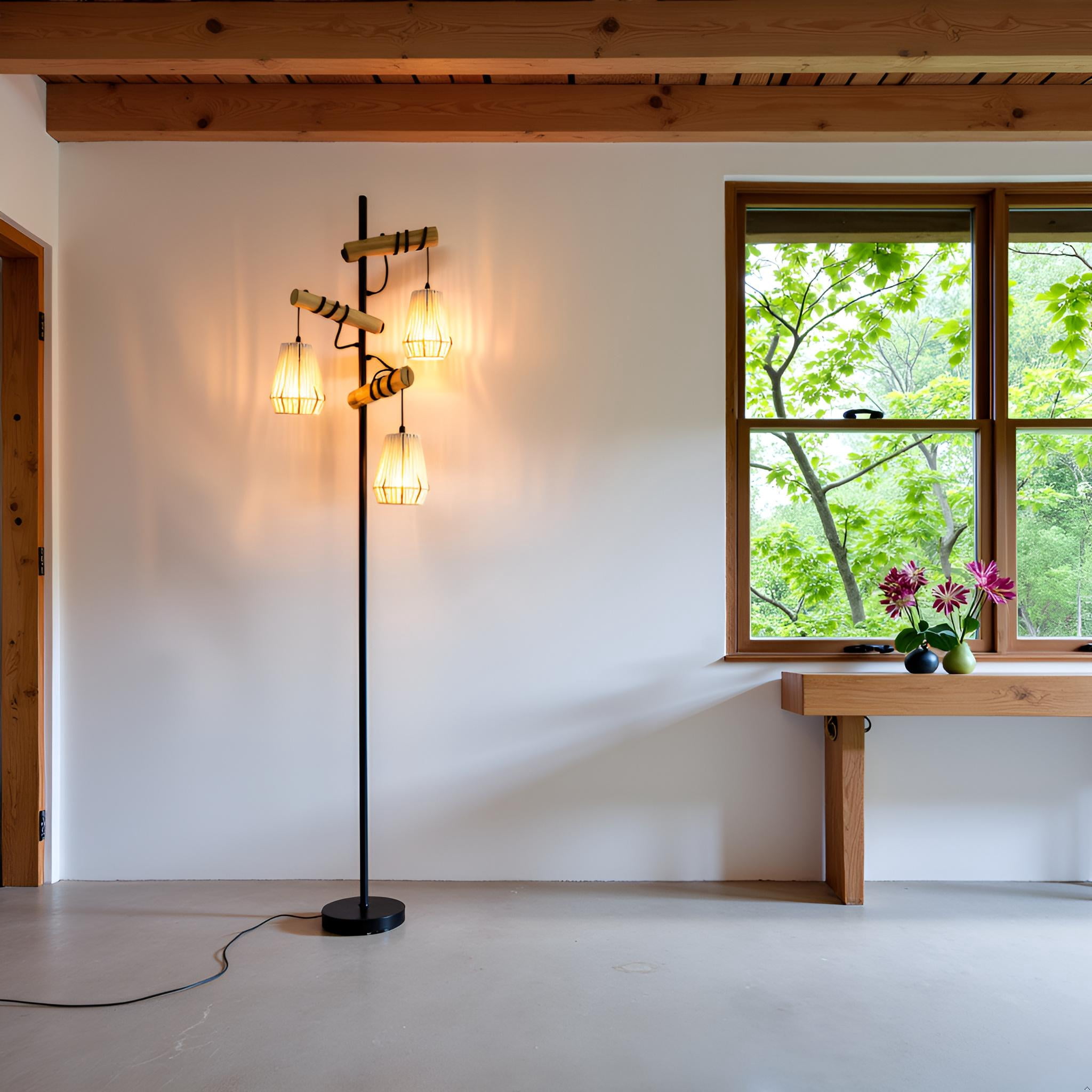 Tall Standing Lamps with 3pc Handmade Beige Shades, Modern Floor Lamps for Living Room, Bedroom, Study Room and Office