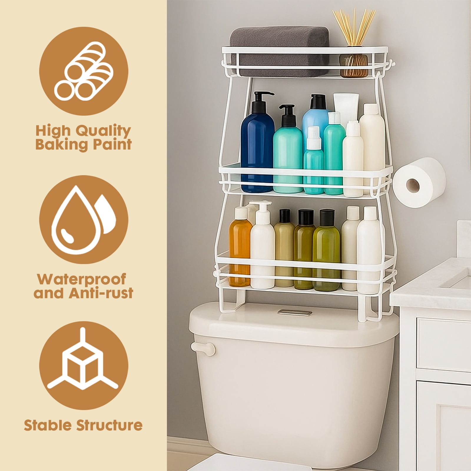 YOYTOO Over the Toilet Storage Shelf, 3 Tier Freestanding Bathroom Caddy Organizer Behind Toilet Stand Shelves Towel Rack with Toilet Paper Roll Holder, White