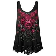 Hugossia Plus Size Womens Rose Print Sleeveless Vest Tank Gothic Lace Blouse Tops