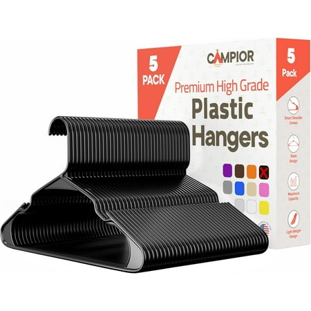 Black Plastic hangers 5 Pack– Heavy-Duty Plastic Hangers Slim and Space-Saving Hangers, Durable & Lightweight PP Hangers with Non-Slip Shoulder Notches for Slip Dresses, Suits, Jackets & Camisoles