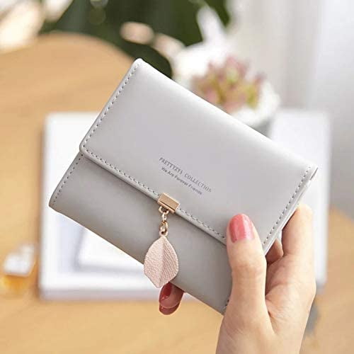 Portefeuille Femme Pompon PU Portefeuille en Cuir Petit Porte Monnaie pour Femmes Gris